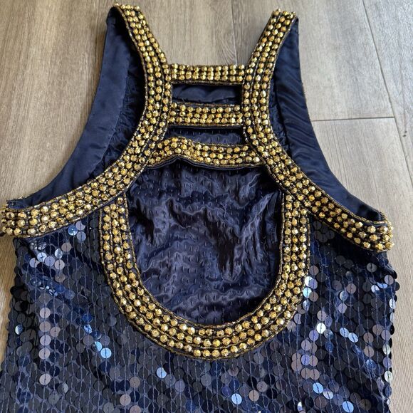 Niteline Della Roufogali Gold Beaded Cocktail Night Out Sexy Dress Size 2 Blue - Picture 13 of 16